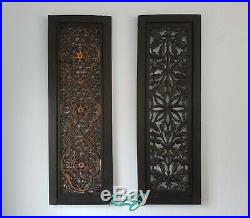 Decorative Rustic Cutout Lattice Carved Scrolling Dark Wood Set/2 Wall Panels