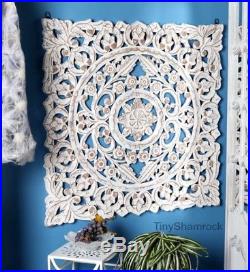 Decorative Wall Art Square Wood Panel Boho Chic Floral Scroll 36 Carved Gray
