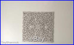 Decorative Wall Art Square Wood Panel Boho Chic Floral Scroll 36 Carved Gray