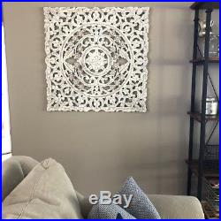 Decorative White Burnished Wood Wall Decor Carved Lacework Plaque Home Sculpture