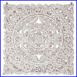 Decorative White Burnished Wood Wall Decor Carved Lacework Plaque Home Sculpture