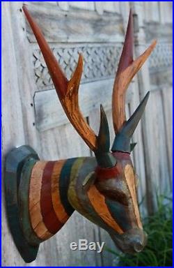 Deer Head Vegan taxidermy Mount Wall Sculpture Carved Wood Boho Chic Bali art