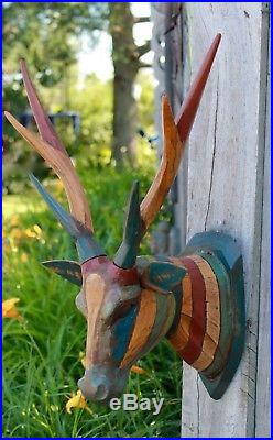 Deer Head Vegan taxidermy Mount Wall Sculpture Carved Wood Boho Chic Bali art