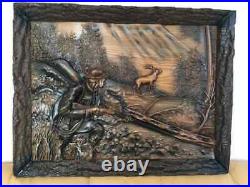 Deer Hunting Large Wood Carving Picture Gun 3D Art Work Gift Panno Wall Decor