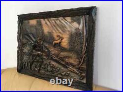 Deer Hunting Large Wood Carving Picture Gun 3D Art Work Gift Panno Wall Decor