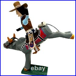 Delbert Buck Navajo Folk Art Wood Carving-Cowboy Bucking Bull Rider-Signed Delbert Buck Navajo Folk Art Wood Carving-Cowboy Bucking Bull Rider-Signed