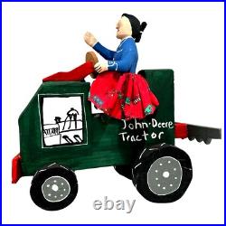 Delbert Buck Navajo Folk Art Wood Carving-Woman and John Deere Tractor-Signed
