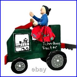 Delbert Buck Navajo Folk Art Wood Carving-Woman and John Deere Tractor-Signed