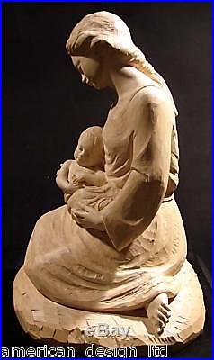 Demetz Fablian Original Wood Carving of Mother & Child, Signed Italian Sculpture