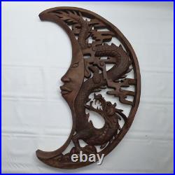 Dragon & Crescent Moon Wall Art Plaque Panel Hand Carved Balinese Wood Carving