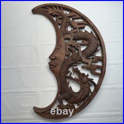 Dragon & Crescent Moon Wall Art Plaque Panel Hand Carved Balinese Wood Carving