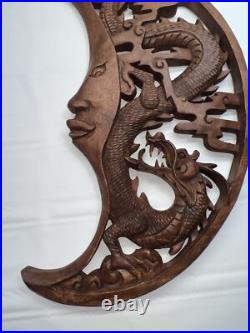 Dragon & Crescent Moon Wall Art Plaque Panel Hand Carved Balinese Wood Carving