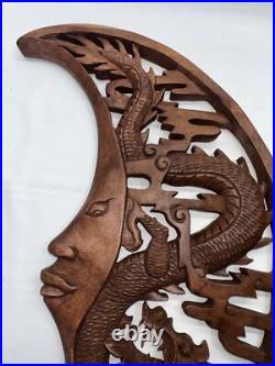 Dragon & Crescent Moon Wall Art Plaque Panel Hand Carved Balinese Wood Carving