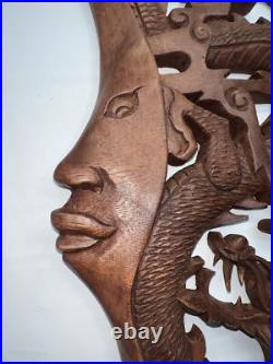 Dragon & Crescent Moon Wall Art Plaque Panel Hand Carved Balinese Wood Carving