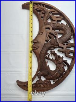 Dragon & Crescent Moon Wall Art Plaque Panel Hand Carved Balinese Wood Carving