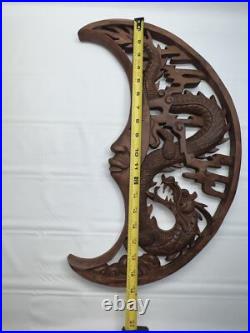 Dragon & Crescent Moon Wall Art Plaque Panel Hand Carved Balinese Wood Carving