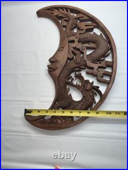 Dragon & Crescent Moon Wall Art Plaque Panel Hand Carved Balinese Wood Carving Dragon & Crescent Moon Wall Art Plaque Panel Hand Carved Balinese Wood Carving