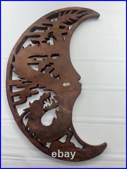 Dragon & Crescent Moon Wall Art Plaque Panel Hand Carved Balinese Wood Carving