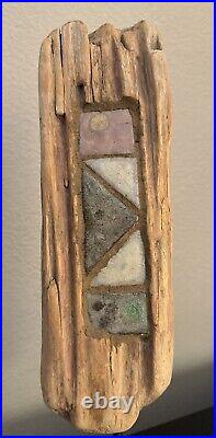 Driftwood Carving Art Woodworking Sculpture w Stone Inserts on Metal Pedestal