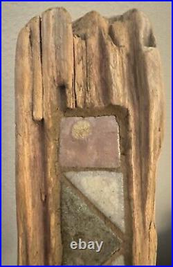 Driftwood Carving Art Woodworking Sculpture w Stone Inserts on Metal Pedestal