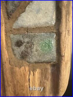 Driftwood Carving Art Woodworking Sculpture w Stone Inserts on Metal Pedestal