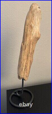 Driftwood Carving Art Woodworking Sculpture w Stone Inserts on Metal Pedestal