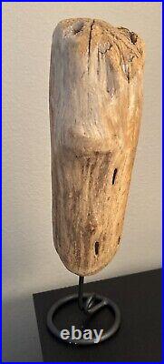 Driftwood Carving Art Woodworking Sculpture w Stone Inserts on Metal Pedestal