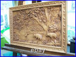 Duck hunt, Duck family, wolf, wolfpack, basorelief, Wood carving
