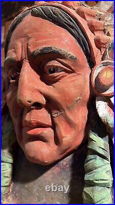 Early 1900's Wood Carved Indian Chief Carousel Cigar Trading Post Sign Piece