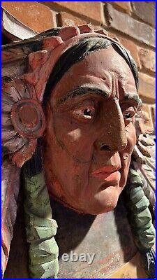 Early 1900's Wood Carved Indian Chief Carousel Cigar Trading Post Sign Piece