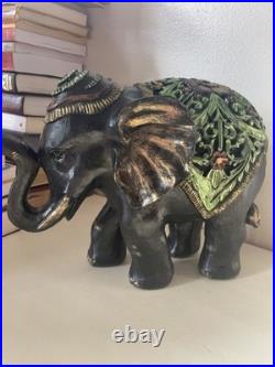 Ebonite Black Hand Carved Elephant With Elaborate Green Etching Designs. Oaak