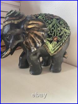 Ebonite Black Hand Carved Elephant With Elaborate Green Etching Designs. Oaak