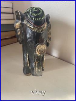 Ebonite Black Hand Carved Elephant With Elaborate Green Etching Designs. Oaak