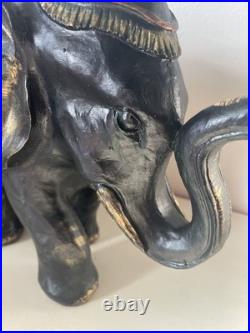 Ebonite Black Hand Carved Elephant With Elaborate Green Etching Designs. Oaak