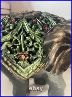 Ebonite Black Hand Carved Elephant With Elaborate Green Etching Designs. Oaak