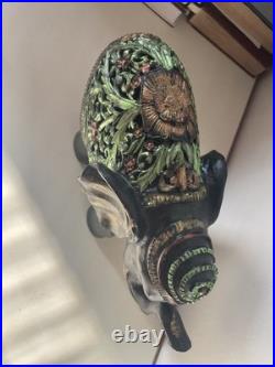 Ebonite Black Hand Carved Elephant With Elaborate Green Etching Designs. Oaak