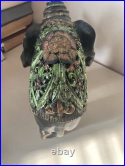 Ebonite Black Hand Carved Elephant With Elaborate Green Etching Designs. Oaak