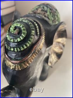 Ebonite Black Hand Carved Elephant With Elaborate Green Etching Designs. Oaak