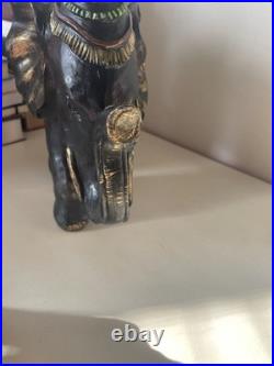 Ebonite Black Hand Carved Elephant With Elaborate Green Etching Designs. Oaak
