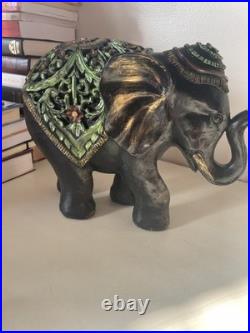 Ebonite Black Hand Carved Elephant With Elaborate Green Etching Designs. Oaak