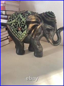 Ebonite Black Hand Carved Elephant With Elaborate Green Etching Designs. Oaak