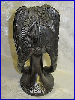 Ebony Wood Sculpture African Head Hand Carved Vintage Tribal Statue Black