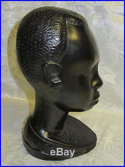 Ebony Wood Sculpture African Head Hand Carved Vintage Tribal Statue Black