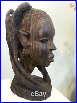 Ebony Wood Sculpture BUST African Head Hand Carved Vintage Tribal Statue Black