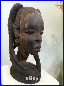 Ebony Wood Sculpture BUST African Head Hand Carved Vintage Tribal Statue Black