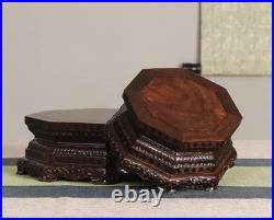 Elegant Octagonal Ebony Lotus Carved Vase Stand with Guanyin Buddha Sculpture