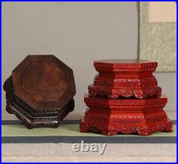 Elegant Octagonal Ebony Lotus Carved Vase Stand with Guanyin Buddha Sculpture