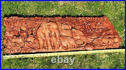 Elephants gifts Wood carved Home decor wall art wooden plaque big (37 x 13)