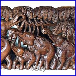 Elephants in the Wild Wood Carving Home Wall Panel Mural Decor Art Statue gtahy