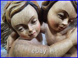 Embracing Cherubs 17 Carved Wood Vintage Wall Hanging Plaque Romania